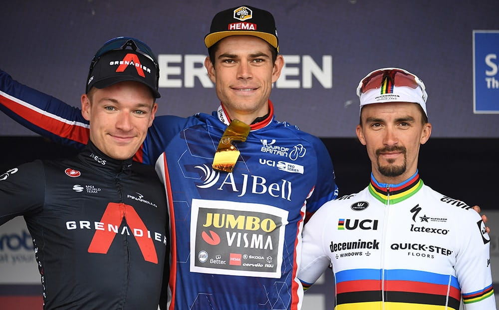 Wout van Aert celebrating victory in Aberdeen during stage eight of the 2021 Tour of Britain