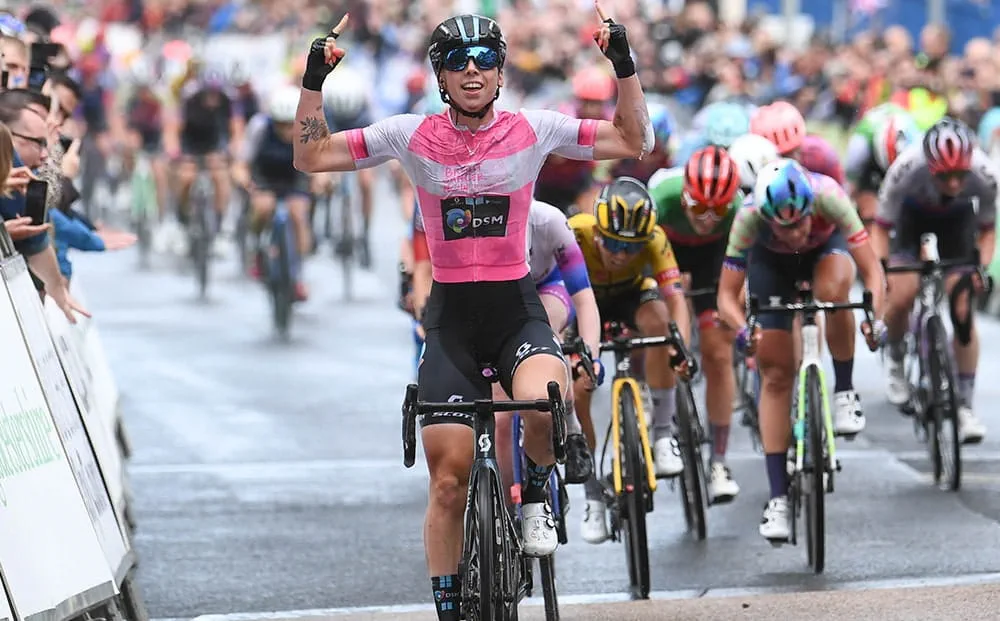 Lorena Wiebes riding to victory in Gloucester during stage three of the 2022 Women's Tour